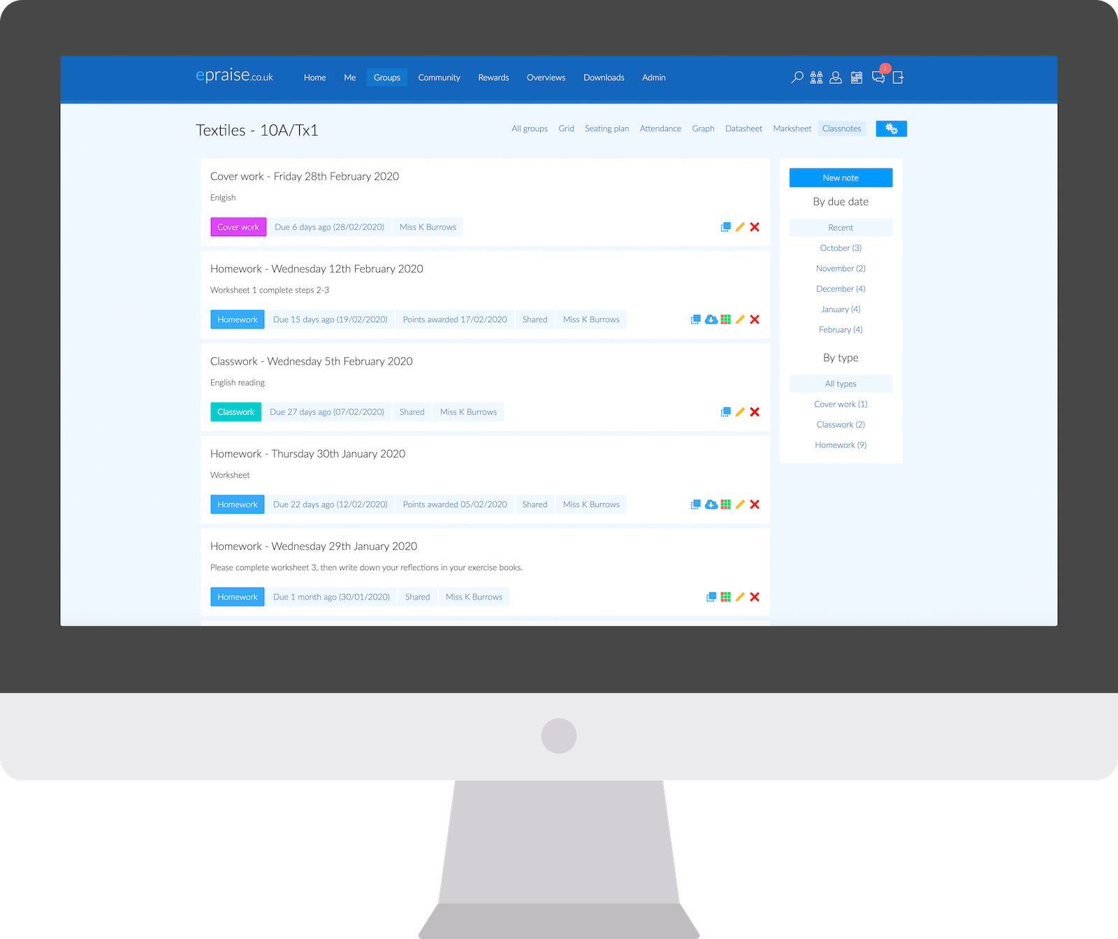 ePraise Classnotes homework view